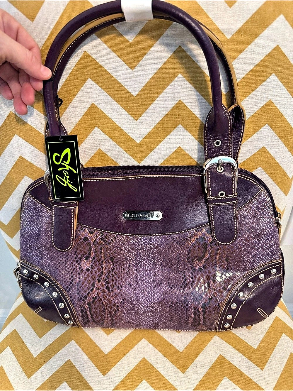 NWT Sharif Purple Snake Embossed Leather Expanding Shoulder Bag